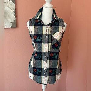 Vintage Cabin Creek plaid and floral grannycore button down collared tank S pet